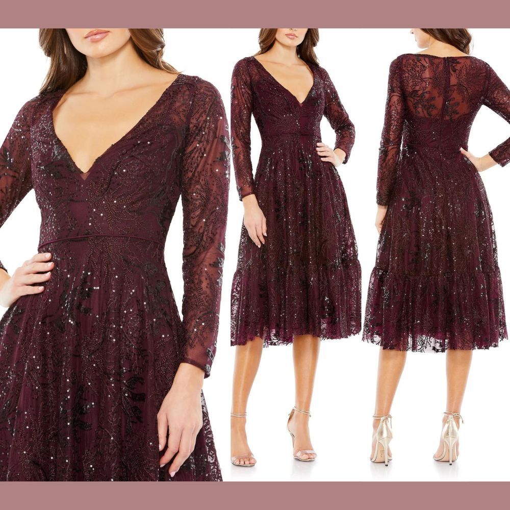 NEW Mac Duggal [ 16 ] 68001 Lace Embellished Long Sleeve Ruffle Dress Wine‎ Red